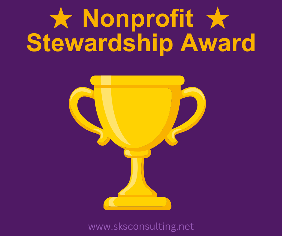 Graphic with purple background and gold trophy. Text reads: Nonprofit Stewardship Award